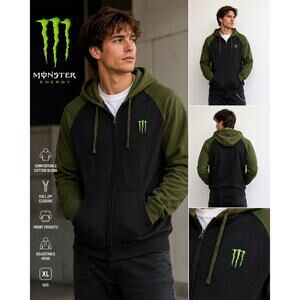 Monster Energy Zip Hoodie Mens XL Black Green Raglan Full Zip Sweatshirt